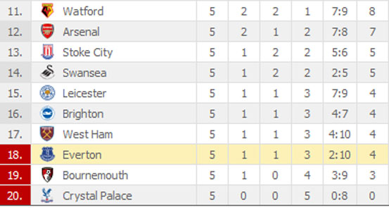 Premier league standings