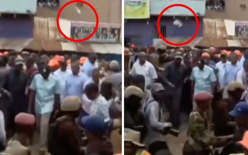VIDEO: Ruto nearly hit by flying bottle thrown during Soweto housing project tour