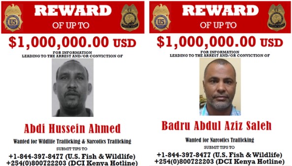US offers Sh233m bounty for two suspects wanted for drug, wildlife crimes