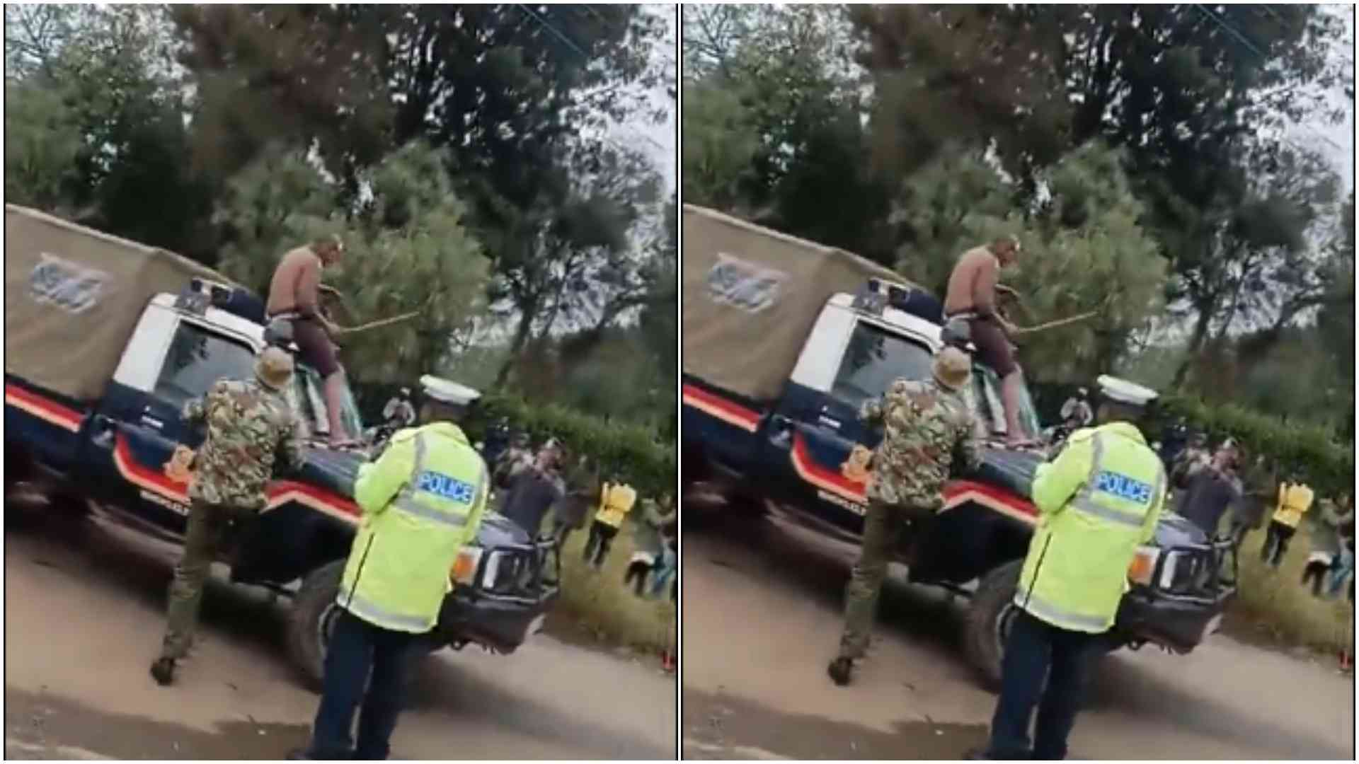 Video: Barefoot man captured brazenly vandalising police car in Nyahururu