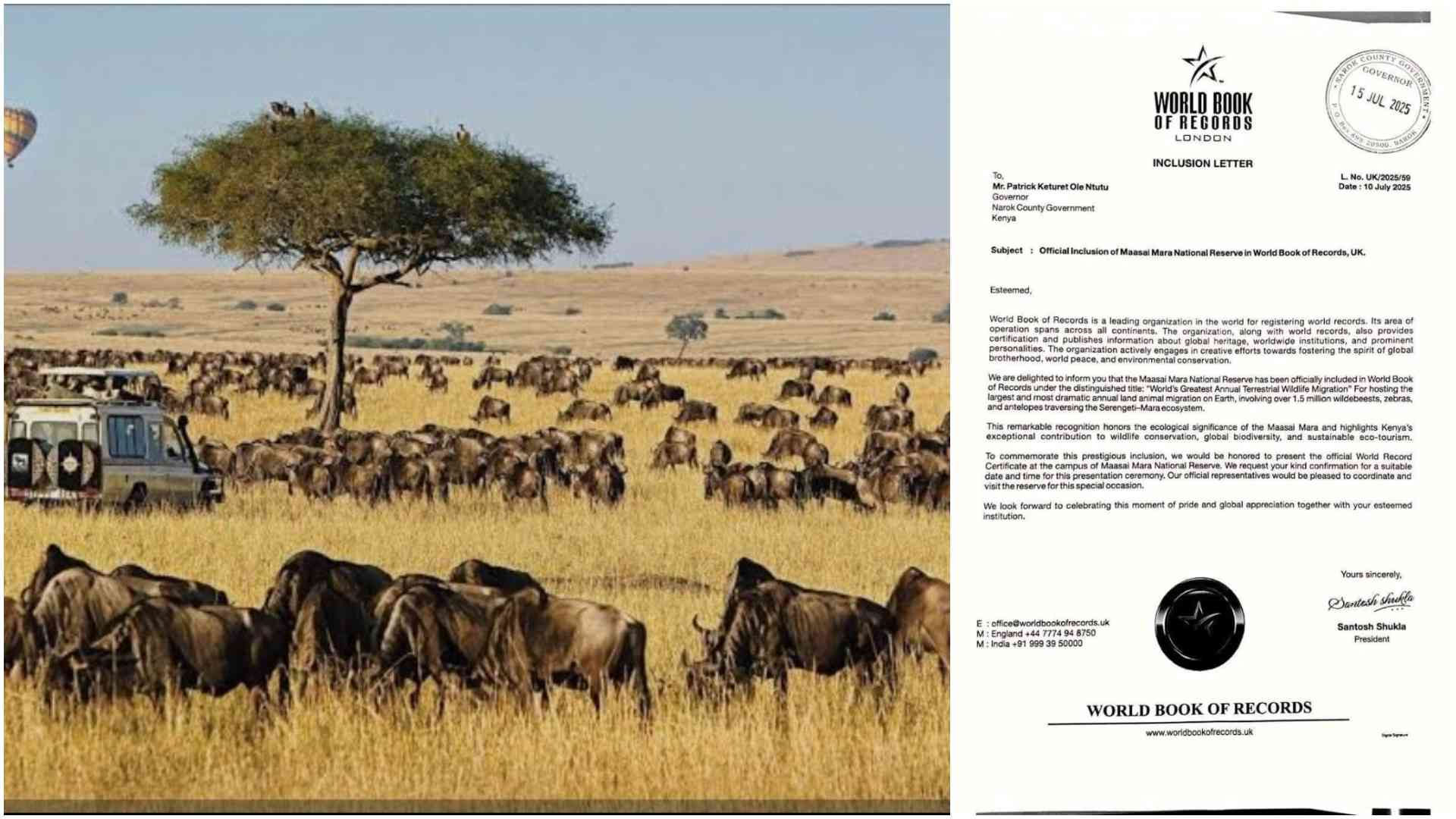 Maasai Mara National Reserve enters World Book of Records as site of world's greatest wildlife migration