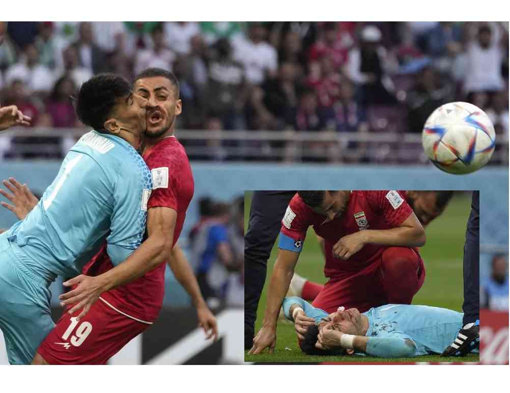 PHOTOS: Iran goalkeeper clashes heads with teammate at World Cup