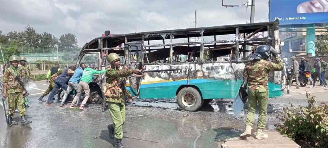 Photos: Matatu PSV set ablaze on Ngong road