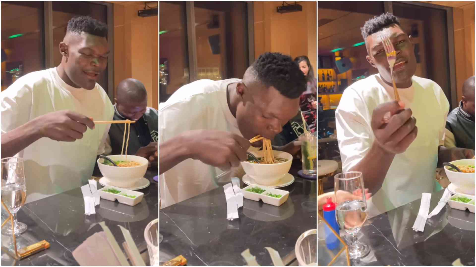 Gen Z Goliath amuses Kenyans as he struggles with chopsticks eating Chinese food in Dubai: "Itisha ugali!"