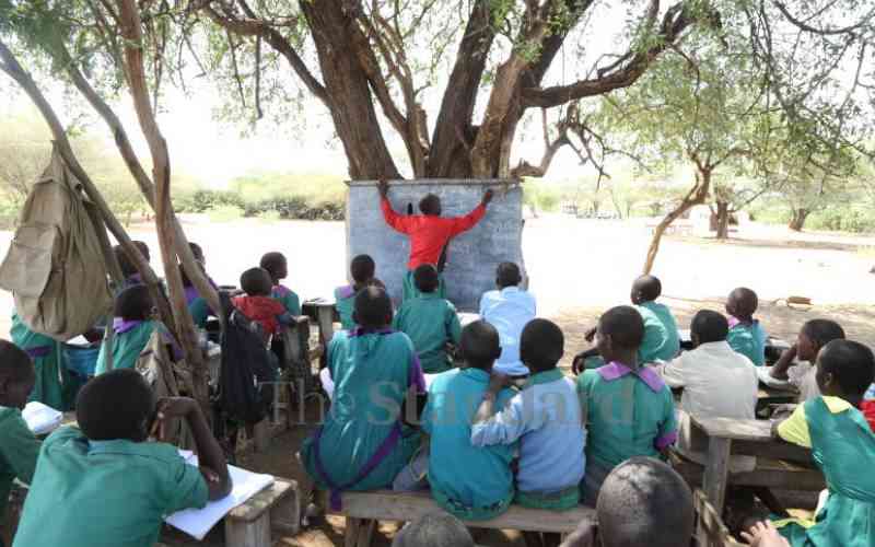 Learners study under trees after lake swallowed Baringo schools