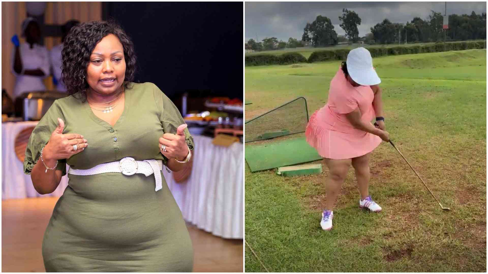 Millicent Omanga shows off golf skills, sparks debate over choice of skimpy pink outfit