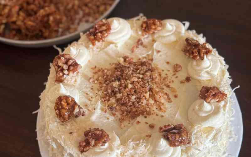 Caramelised walnut cake with sweetened coconut