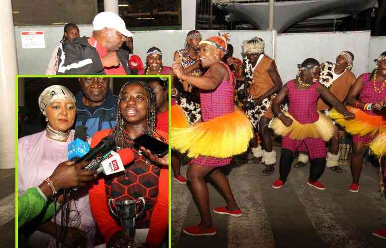 PHOTOS: Angela Okutoyi lands at JKIA- receives rousing welcome