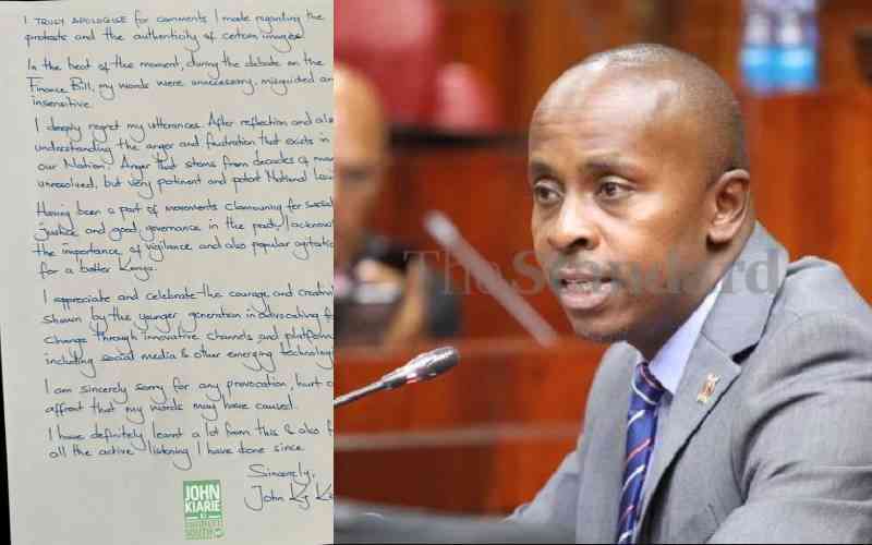 John Kiarie pens handwritten apology over controversial Finance Bill protest remarks