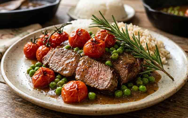 Beef steak with cherry tomatoes and rosemary