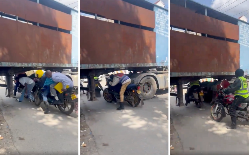 VIDEO: Concern as boda bodas caught squeezing under truck in daring road manoeuvre