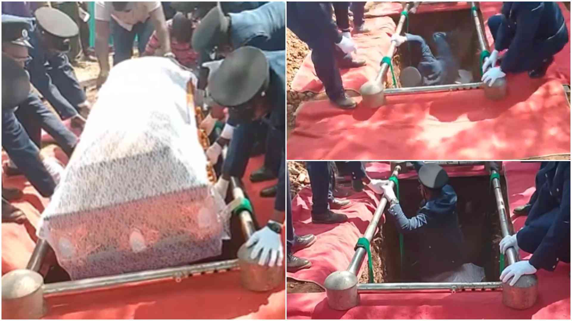 Video: Police officer accidentally falls into grave holding coffin during colleagues' burial