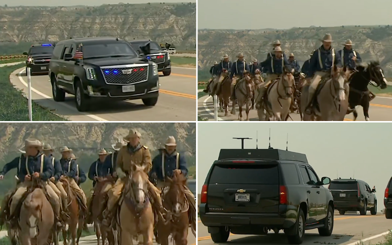 VIDEO: Donald Trump arrives with dramatic horseback escort in North Dakota 