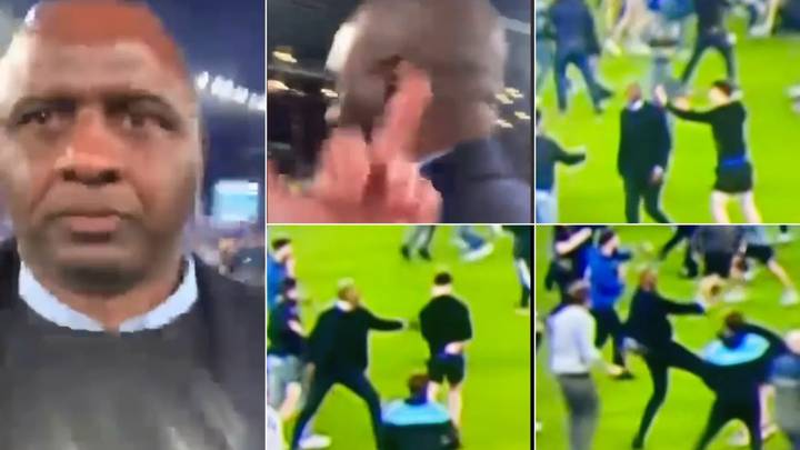 Patrick Vieira kicks fan during pitch invasion after Everton beat Crystal Palace