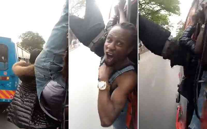 Bus conductors hanging dangerously on moving vehicle arrested