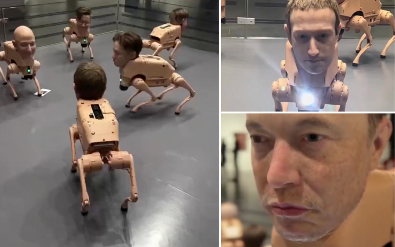 Artist stuns show with robot dogs bearing faces of Elon Musk, Jeff Bezos, Zuckerberg