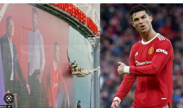 Man United have removed a huge mural of Ronaldo from the front of Old Trafford