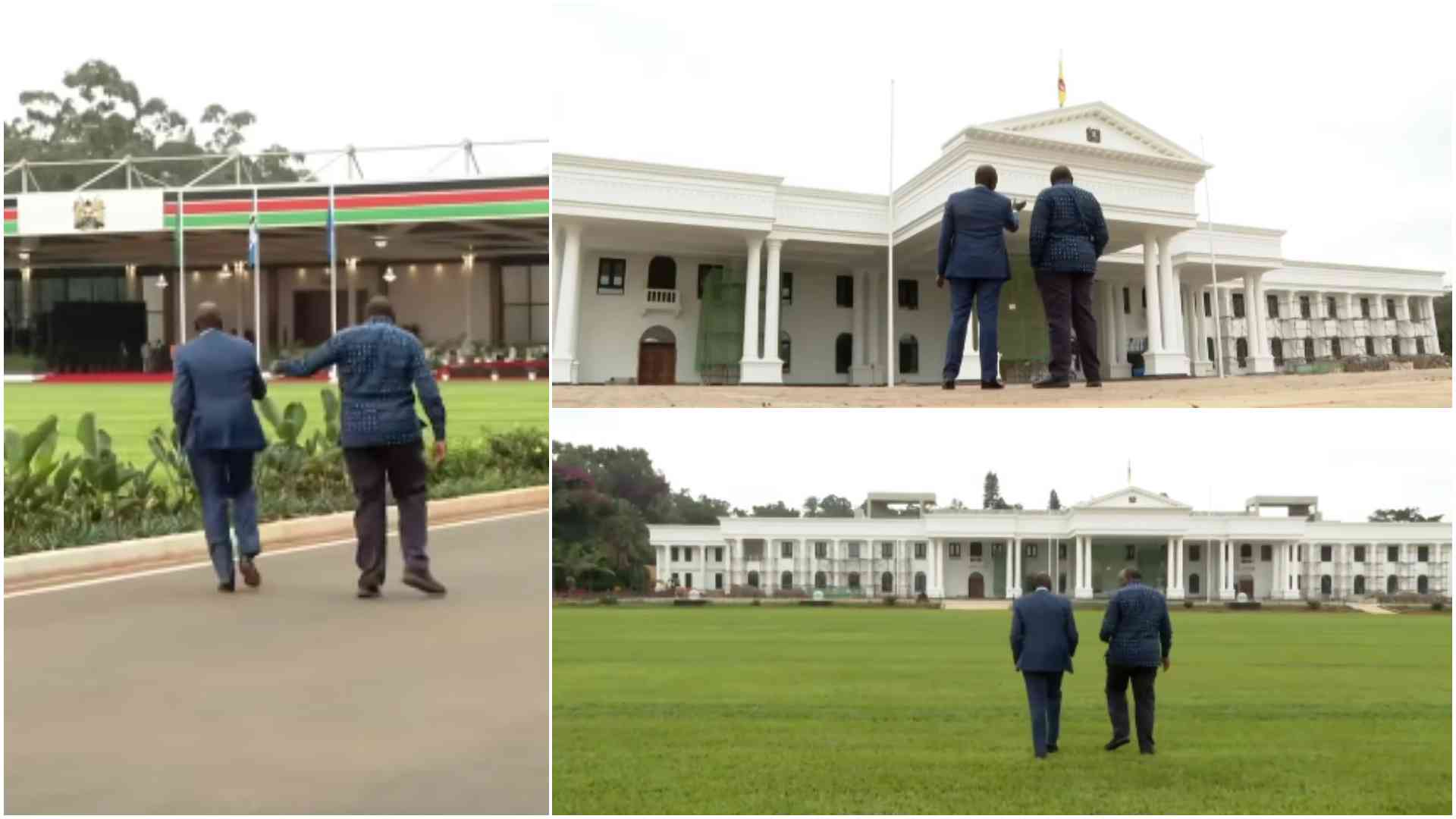 Uhuru Kenyatta playfully pushes President Ruto during tour of newly renovated multi-million shilling State House