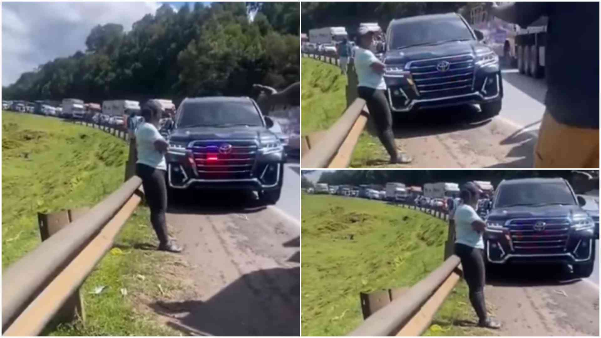 Woman defiantly blocks overlapping VIP car armed with siren, strobe lights bullying way through traffic