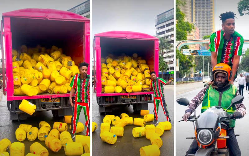 Eric Omondi barricades Nairobi CBD road with jerricans over high fuel prices