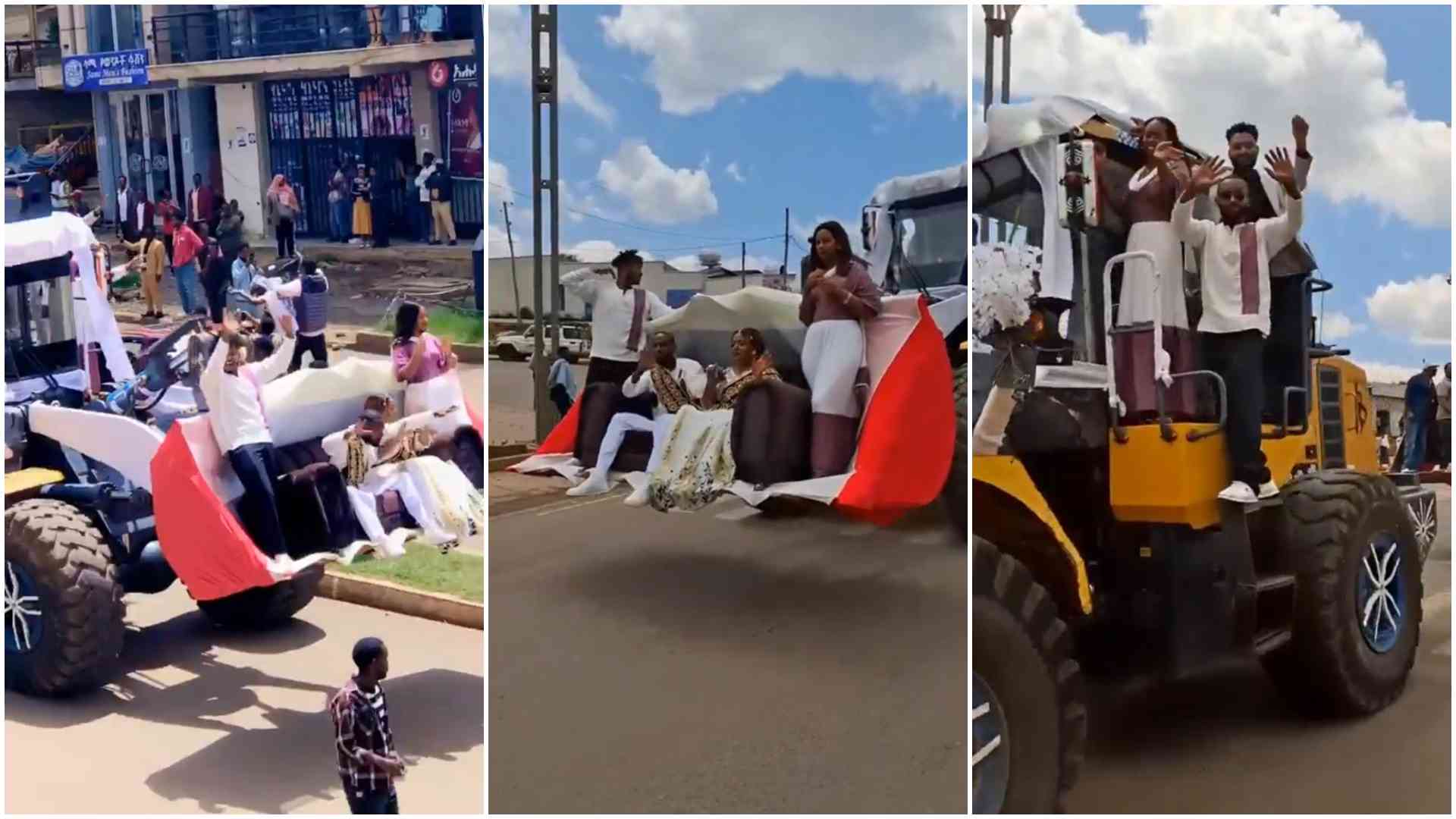Video: Ethiopian couple ditches luxury cars for bulldozers, tractors for wedding convoy