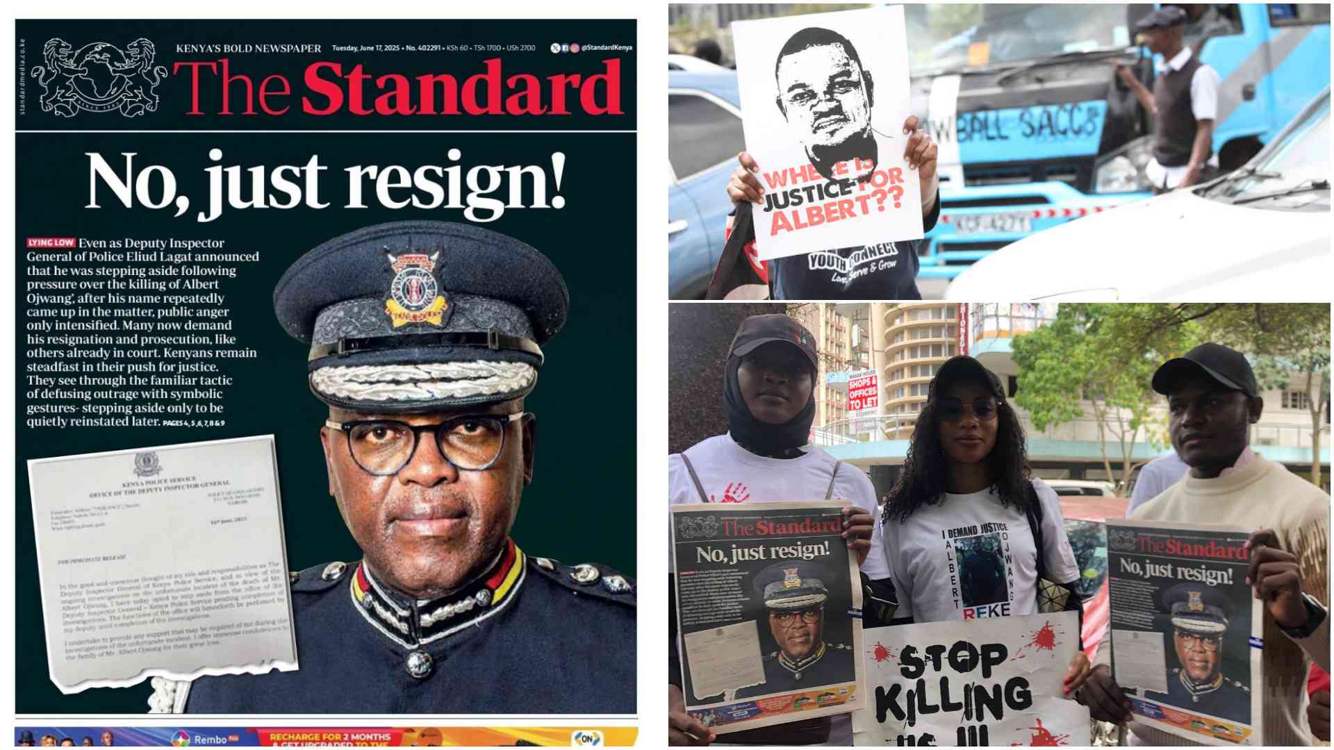 Protestors turn bold Standard newspaper headlines into demo banners, demand justice for Albert Ojwang