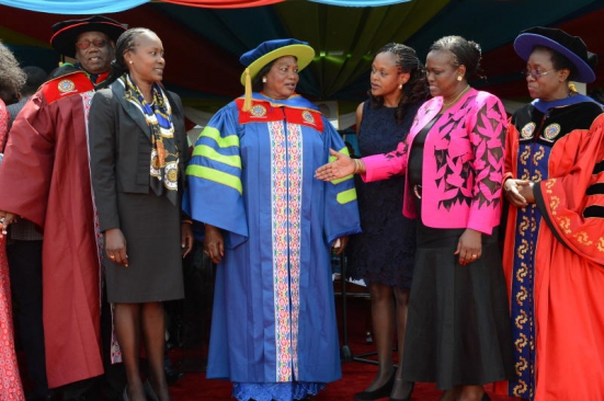 The Mother of the 4th President of Kenya Uhuru Kenyatta Mama Ngina Kenyatta shortly after she was Conferred with a Honorary Degree of Doctor of Science in Entrepreneurship, Honoris Causa at the Jomo Kenyatta University of Agriculture and Technology (JKUAT) for her enormous contribution to Kenya's independence and to the entrepreneurship sector. This was during the JKUAT 25th graduation ceremony that saw 3889 students graduate at university's main campus in Juja, Kiambu county. PHOTO: ANDREW KILONZI