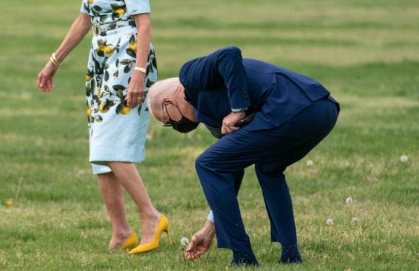 Joe Biden stops to pick a dandelion for Jill