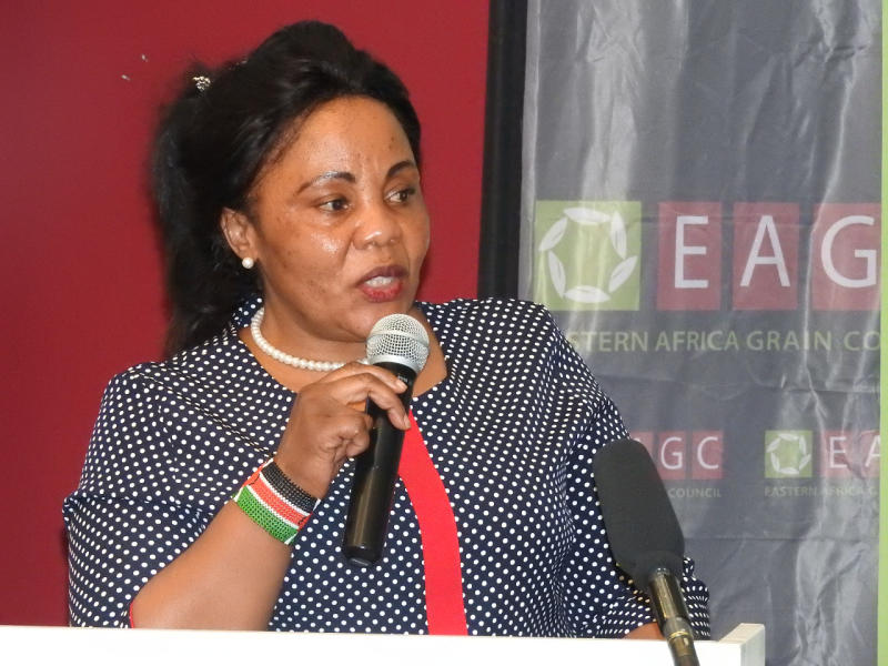 Principal Secretary, State Department of East African Community(EAC) Dr Margaret Mwakima speaking during the East African Grain Council(EAGC) annual members and stakeholders luncheon held on Tuesday in a Nairobi hotel. (James Wanzala,Standard)