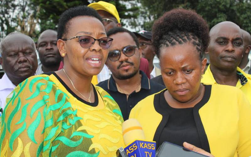 United Democratic Alliance Secretary General Veronica Maina and National Election Board member Aurelia Rono addressing the press at a previous briefing [Gilbert Kimutai, Standard]