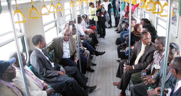 Parliamentary Transport Committee  members inside the train that plies the Nairobi-Syokimau route. [PHOTO: BONIFACE OKENDO/ STANDARD]