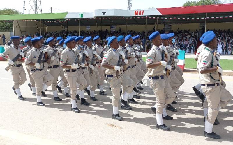 Somaliland military on parade before a crowd.