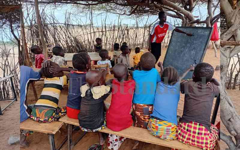Learners at Kalotum Primary School in Turkana central sub-county study under trees