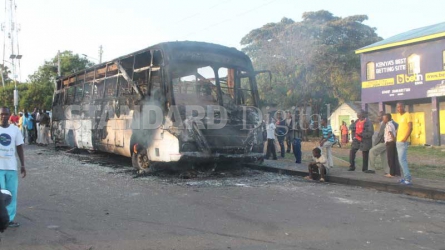 Bodaboda riders burn a passenger bus