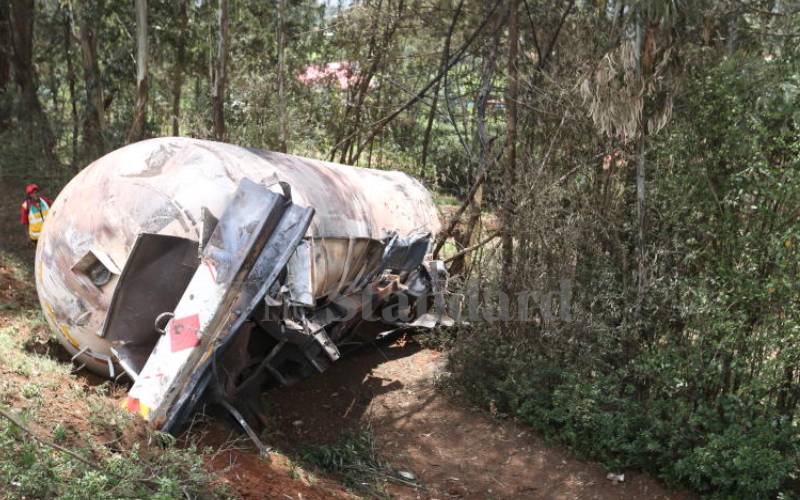 The gas tank flew off the truck's chassis.