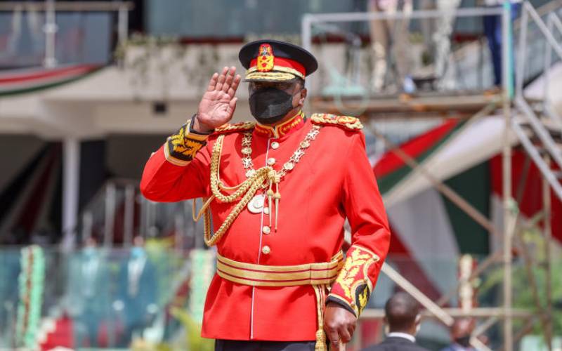 Uhuru saluting troops at Uhuru Gardens, Nbi.