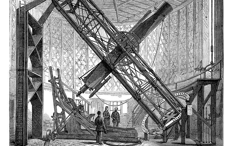 Vintage engraving showing the Great Equatorial Telescope, Greenwich Observatory 1878