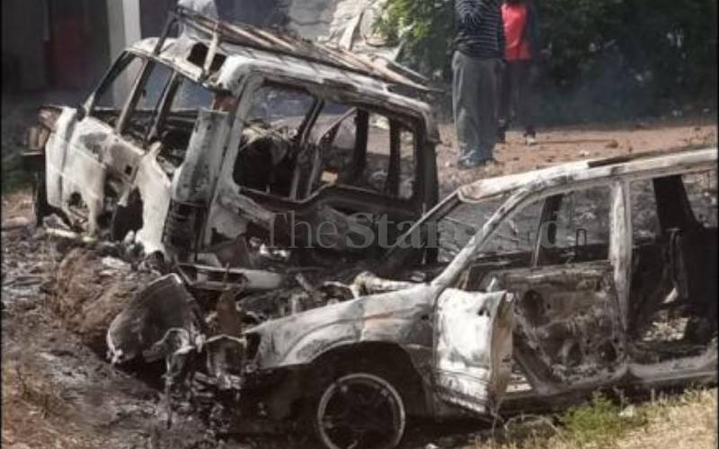 Cars torched by rioting riders in Taveta (2021).