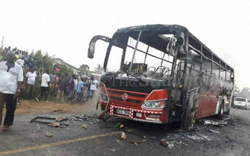 A bus set ablaze in Malindi, 2018. 