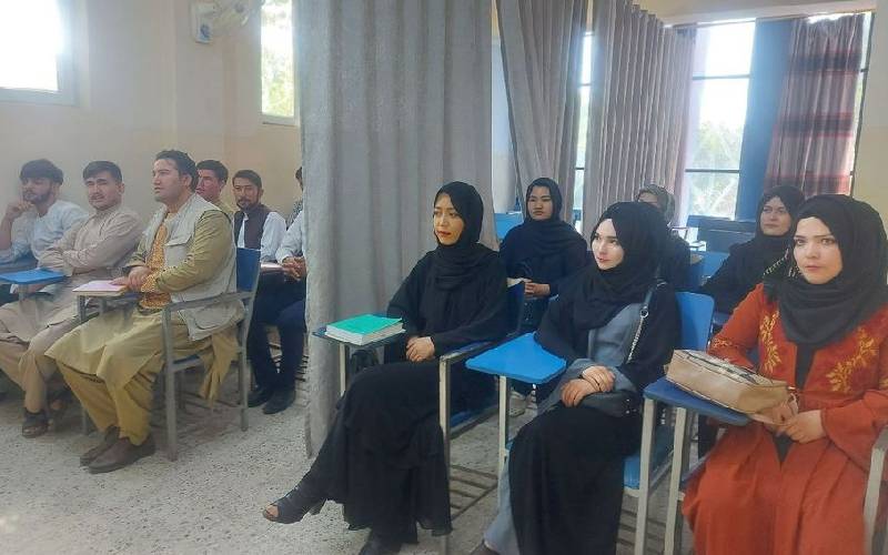 A curtain divides male, female students as Afghan universities reopen