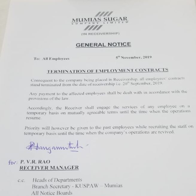 Mumias Sugar Company terminates all employees' contracts. 