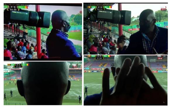 Ugandan man standing in front of camera blocks football fans from watching Cranes draw against Mali