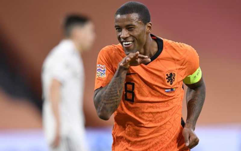 Georginio celebrates goal against Ukraine 