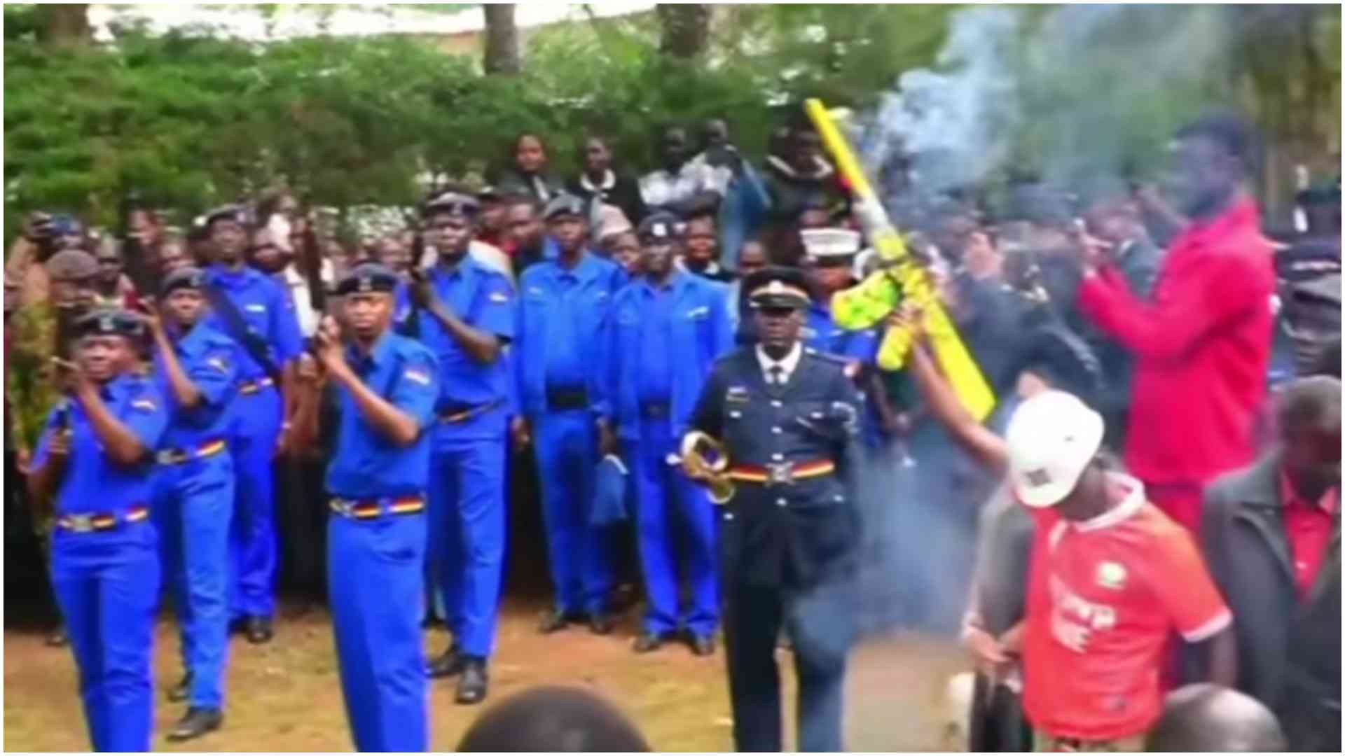 Kakamega Homeboyz fan steals show at police funeral with firecracker stunt during 21-gun salute