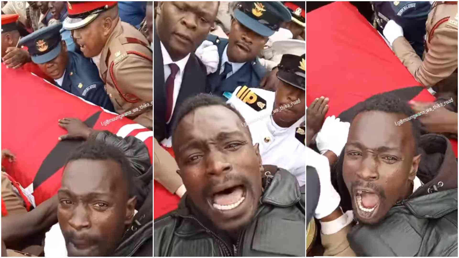 Heartbreaking scene as Nairobi man lies on Raila Odinga's coffin, weeps uncontrollably