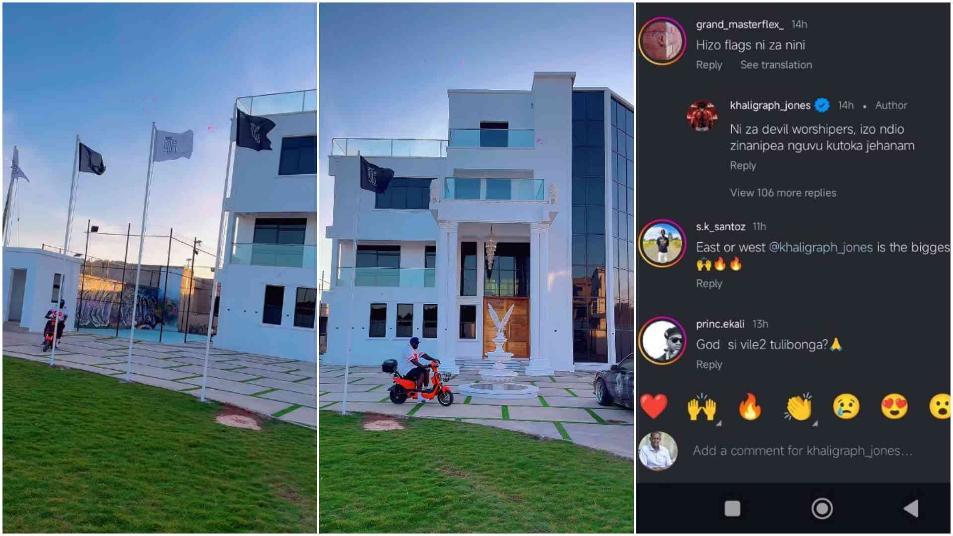 Khaligraph Jones responds to fan questioning black flags in his multi-million mansion: 