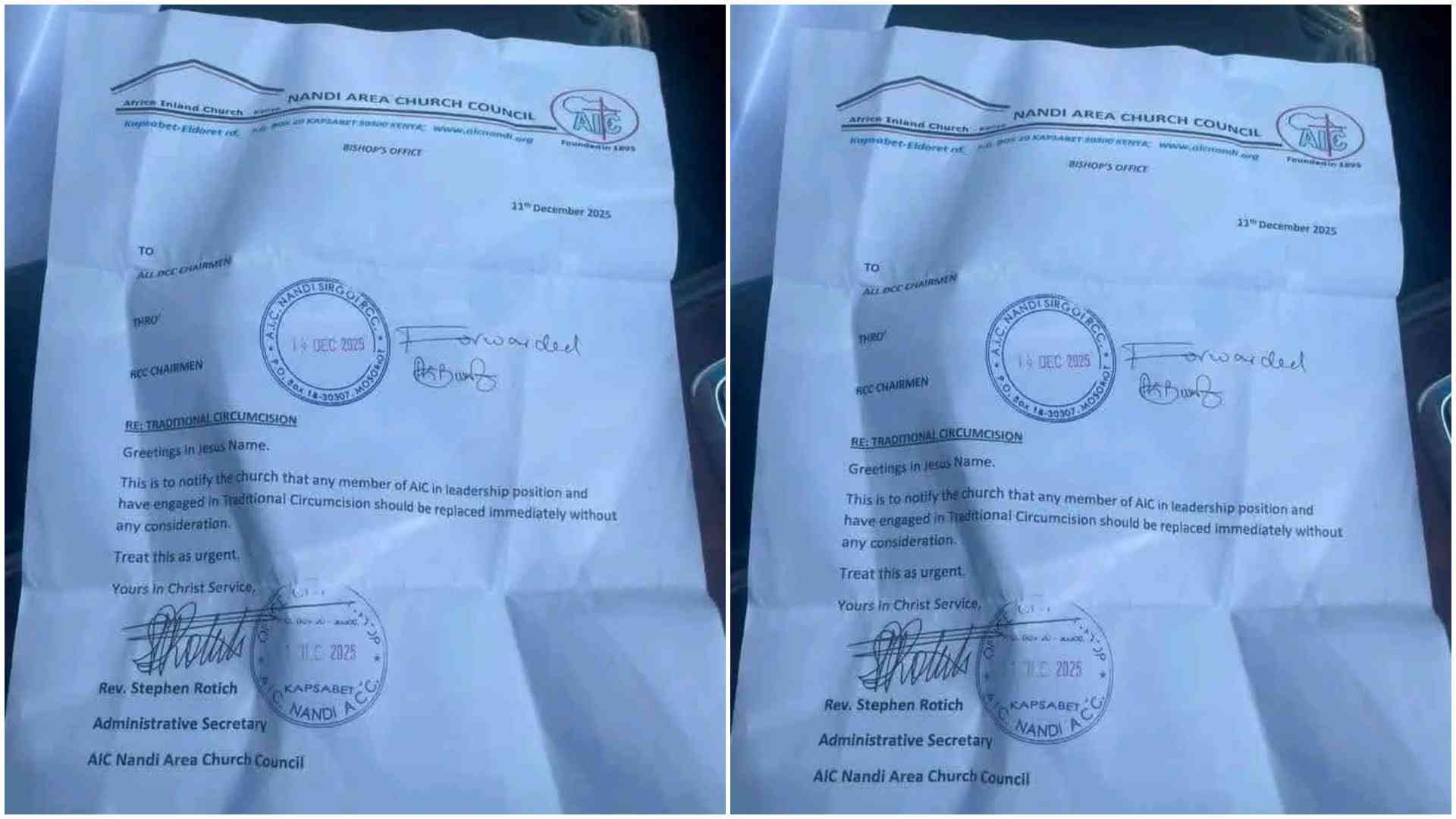 AIC Nandi faces backlash after church orders immediate removal of leaders supporting traditional circumcision