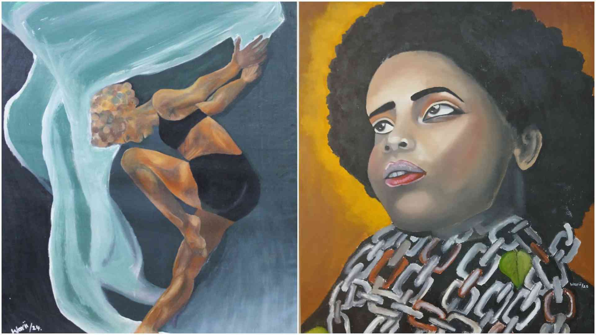 Weight of Courage, depicts a woman’s neck wrapped in heavy chains, symbolising the relentless burdens women carry.  In contrast, Ballerina portrays a woman moving in harmony with flowing fabric, a gentle reminder of the beauty in letting go.