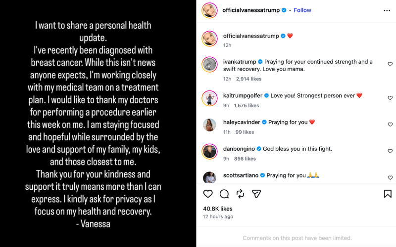 Donald Trump's ex-wife Vanessa announces breast cancer diagnosis in emotional post
