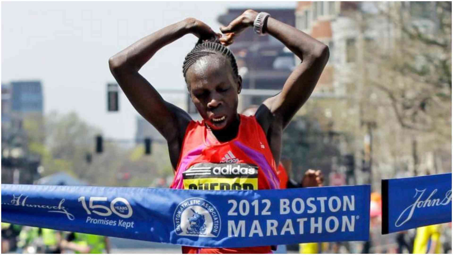 Women's winner Sharon Cherop of Kenya crosses the finish line of the 2012 Boston Marathon in Boston, Monday, April 16, 2012. (Photo: AP)